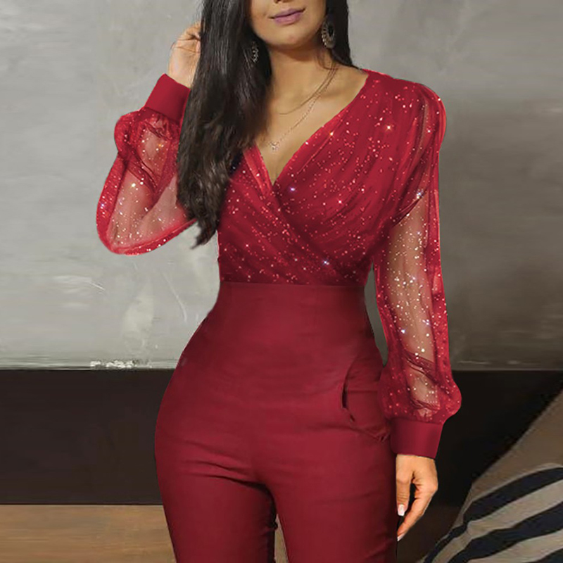 

New Body Suits for Women Glitter Semi Sheer Mesh Long Sleeve Female Casual Ny Solid Romper Lady 2021 Womens Jumpsuit Qehd, Beige