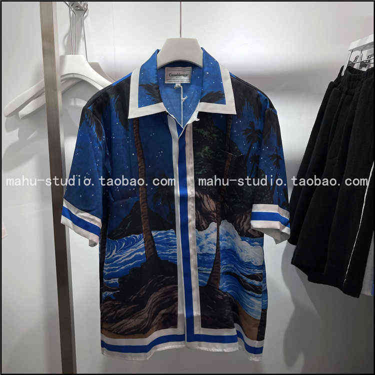 

Casablanca blue night sky silk shirt Moon Star Beach coconut vacation couple short sleeve shirt, White;black