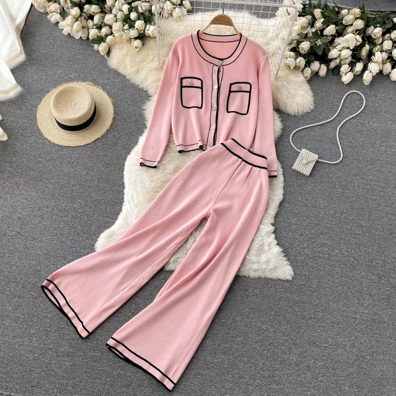

Women's Two Piece Pants SINGREINY Korean Knitted Set Women Short Cardigan Outerwear+High Waist Wide Leg Long Suit Autumn Winter, Pink