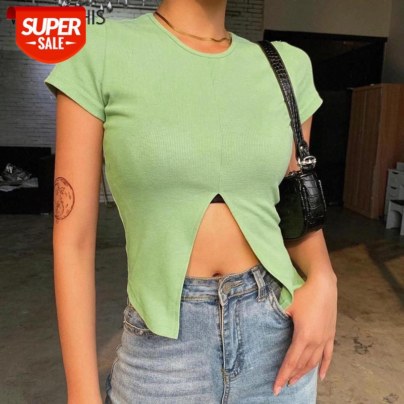 

WannaThis Short Sleeve Split Hem Short Tee Women Slim Elastic O-Neck Green Women Summer Crop Tops Streetwear Casual Top Cotton #YW2K, White