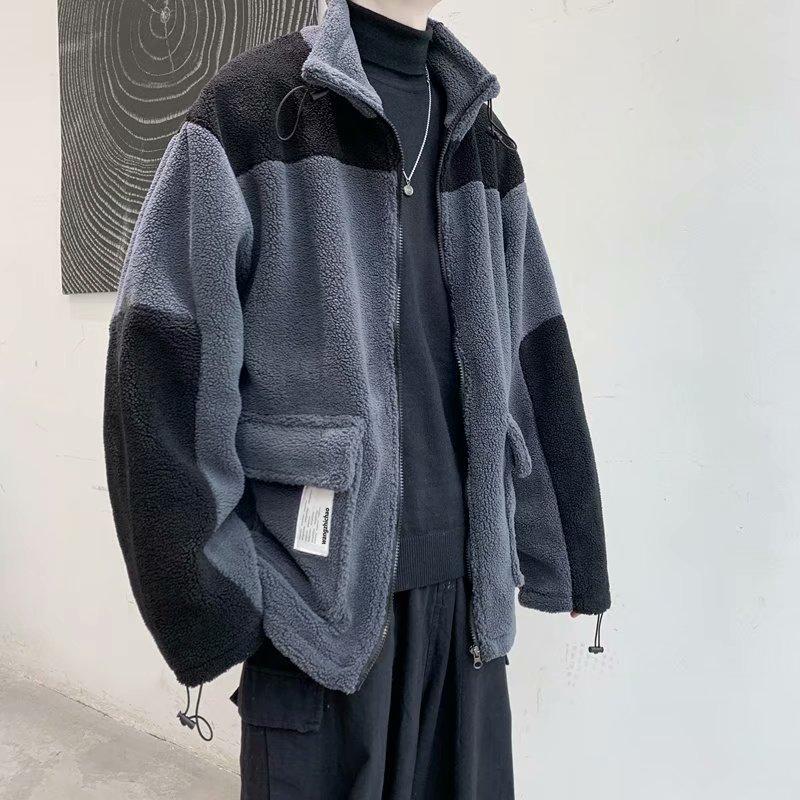 

Men's Jackets Korean Style Gray Lamb Wool Winter Jacket Men Fashion Heated Fleece Thick Warm Zipper Patchwork Couple Clothes Streetwear