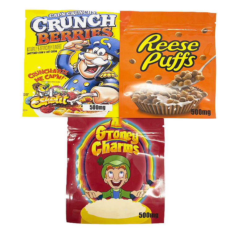 

Edible cereal mylar zipper bags 500mg crunch stoney charms reese puffs snack bag 3 side seal plastic packaging