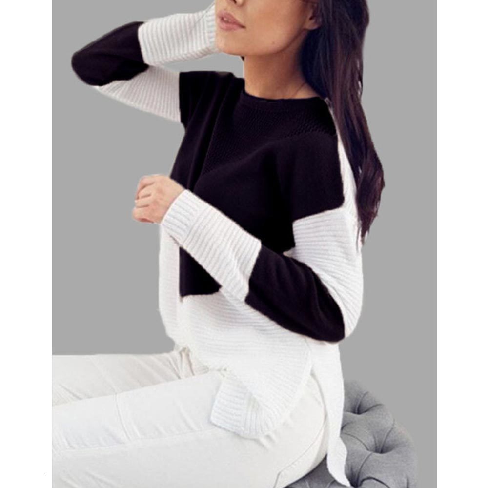 

2021 New Women Vintage Panelled Knitted Autumn Long Sleeve o Neck Color Block Loose Sweater Casual Pullover 6njc, Black