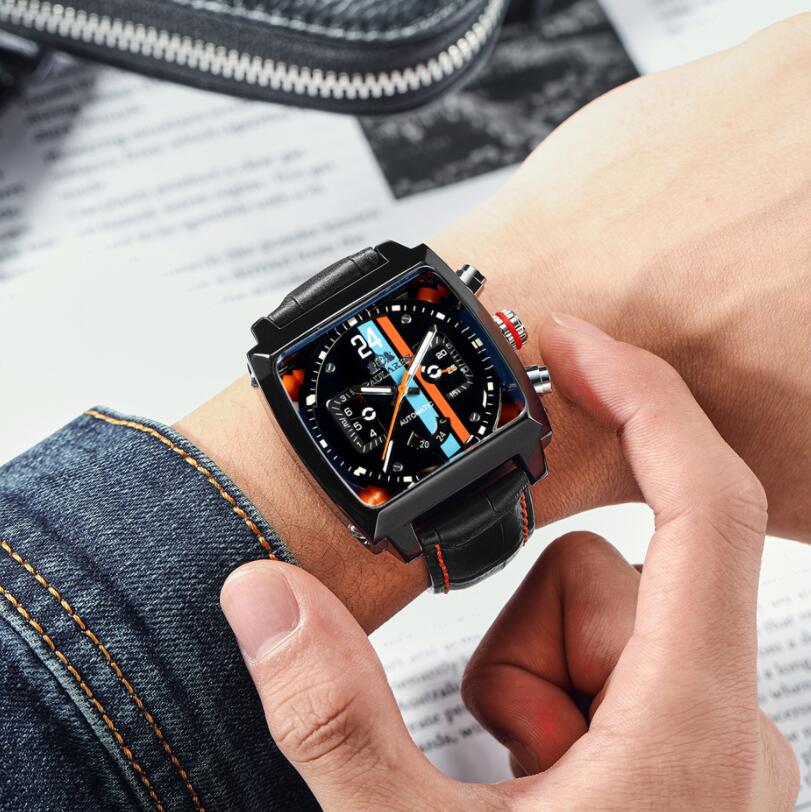 

2021 New brand Men mechanical automatic watch Military sports mens watches monaco square leather male business wristwatch luxury Christmas g, Slivery;brown