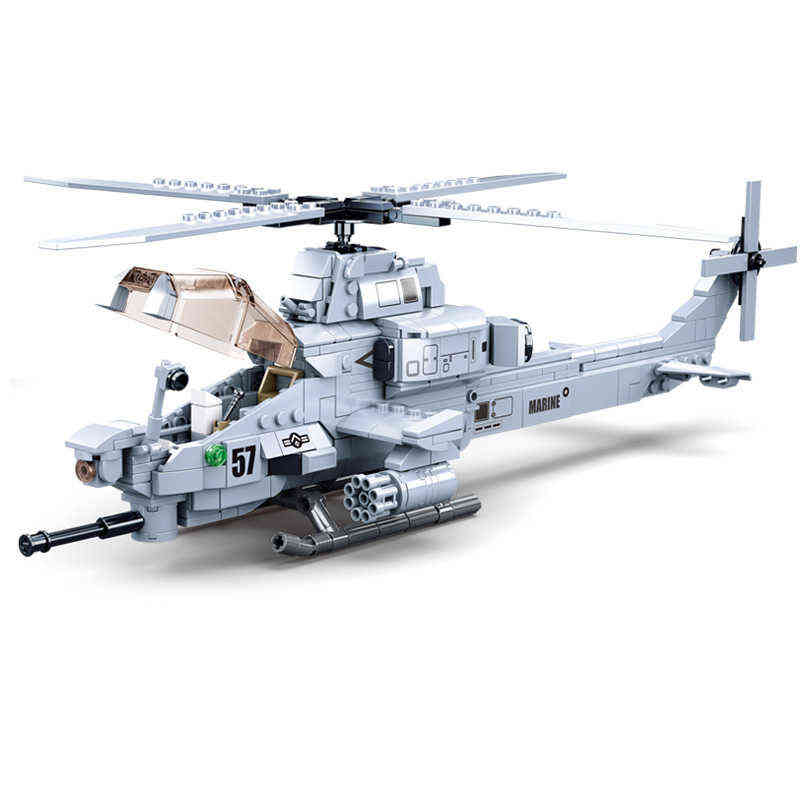 

SLUBAN Military King of Jaeger AH-1Z VIPER Gunship Armed Helicopter Building Blocks Kit Bricks Classic Model Toys for Kids Gift Y220214