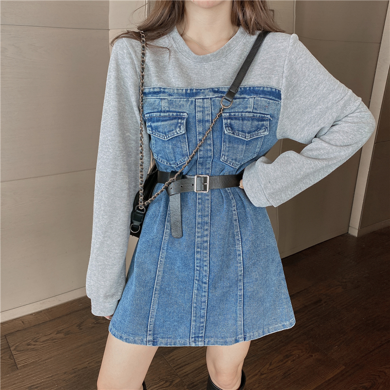 

2021 New Contrasting color stitching high waist fake two-piece female autumn round neck sweater sleeve denim dress trend SKNS, Gray
