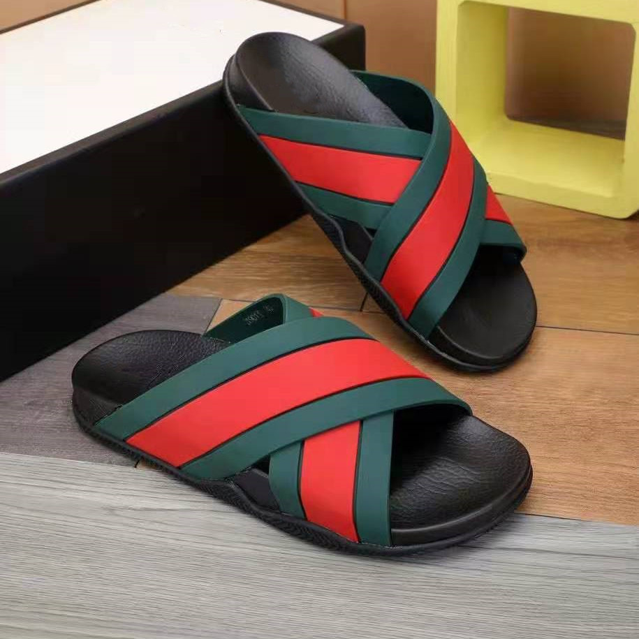 

Men Web Rubber Slide Sandal Designer Male Criss Cross Straps Letter Embossing Shaped Rubber Sole Slipper, Black