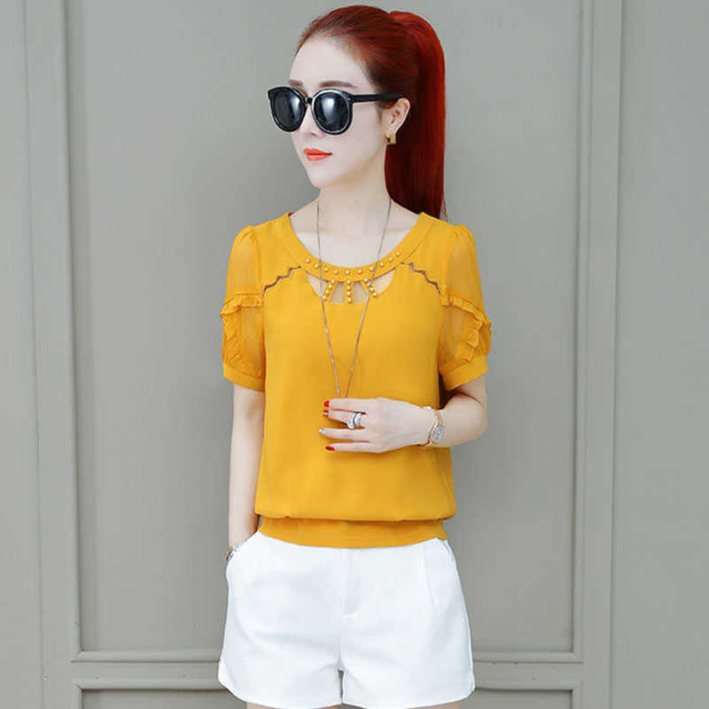 

Spring Summer Style Women Chiffon Blouses Shirts Lady Casual Short Lantern Sleeve O-Neck Blusas Tops DF2894 210609, Red