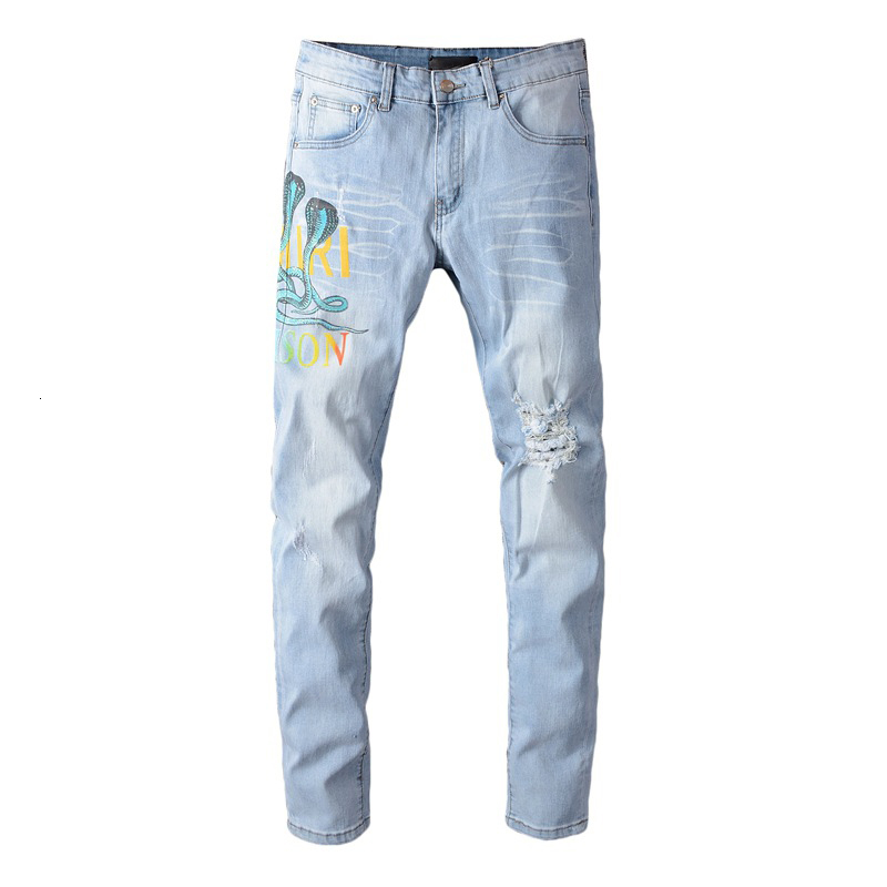 

2021 New Men's Male Fashion Casual Trendy Brand Light-colored Snake Print Stretch Slim-fit Jeans Denim Pants Trousers 629 3hg6, Sky blue