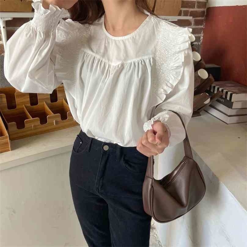 

Chic White Streetwear Vintage Tops Ruffles High Quality Retro Sweet All Match OL Fashion Girls Blouses 210525, Photo color