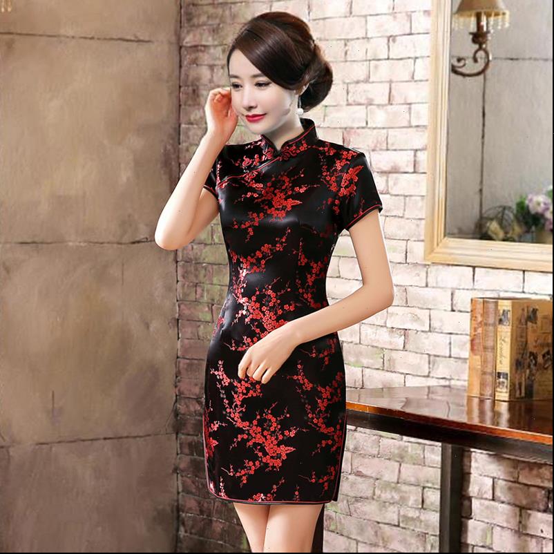 

plus size mini cheongsam new arrival vintage chinese style womens satin qipao spring party dress mujer vestidos s 6xl, Black;gray