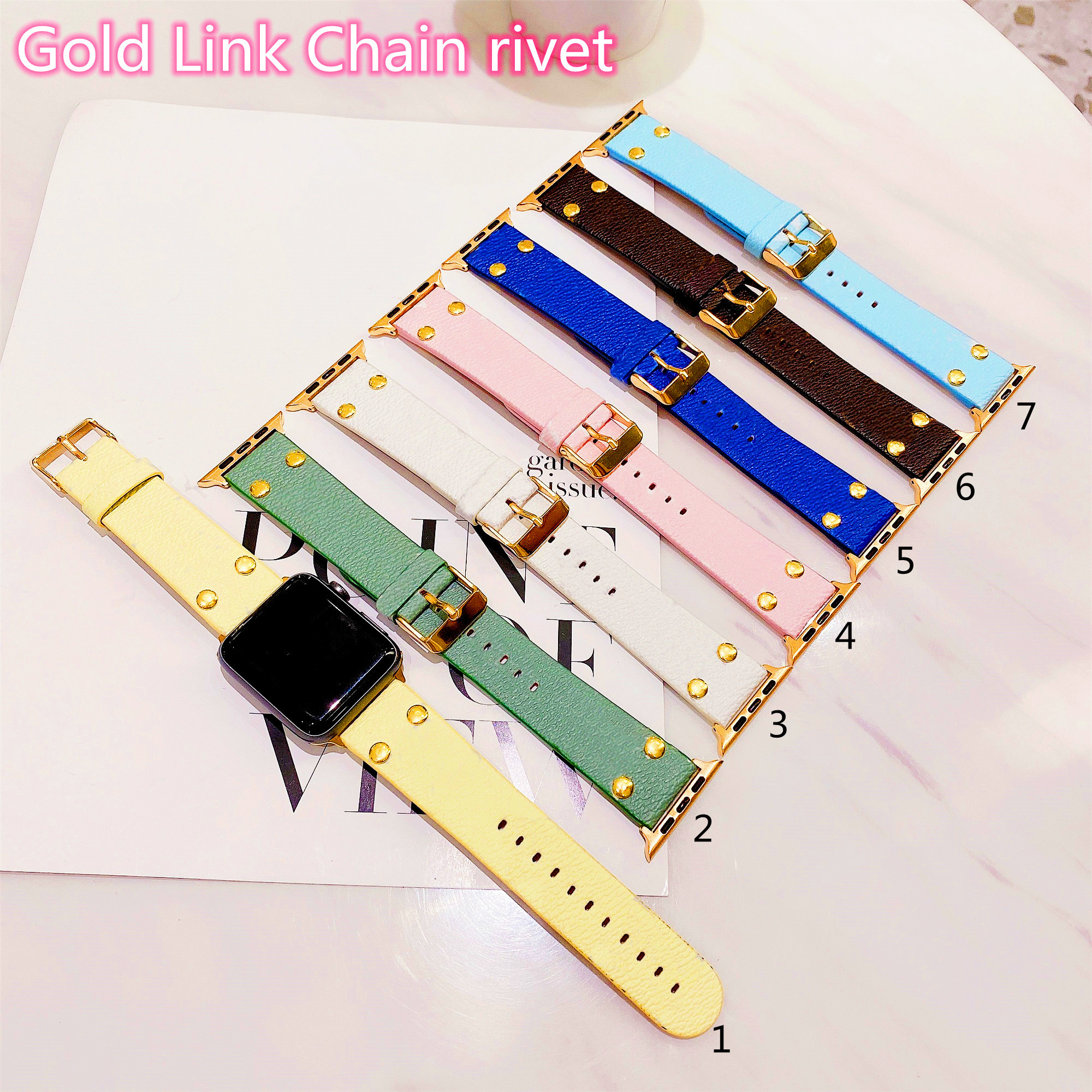 

Fashion Watch Bands For Apple Strap 42mm 38mm 44mm 41mm 45mm Iwatch 3 4 5 6 7 series Designer iWatch Band Leather Rivet Bracelet Stripes Watchbands 40mm for Women gold