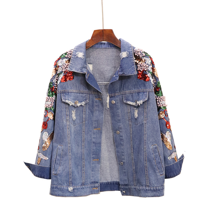 

Sherhure Pearl Beading Lantejoulas Animated Drawings Embroidered Dnim Shaved From in Tops Coating for Women 7xvj, Blue