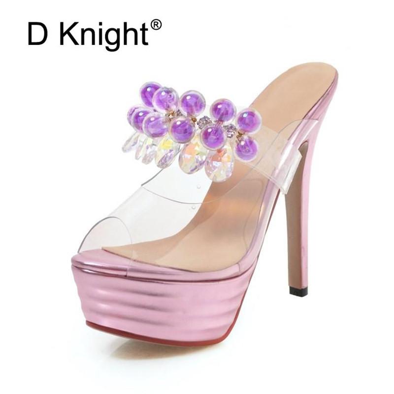 

Dress Shoes 2021 PVC Jelly Sandals Crystal String Bead Sexy Lady Platform Women Transparent Thin High Heels Slippers Pumps, Pink no beading q66