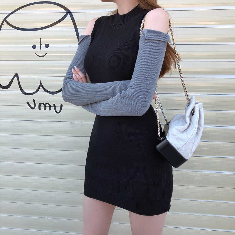 

Korean off-the-shoulder long-sleeved sexy ins Harajuku vintage high waist dress autumn fashion simple casual chic women 210608, Black