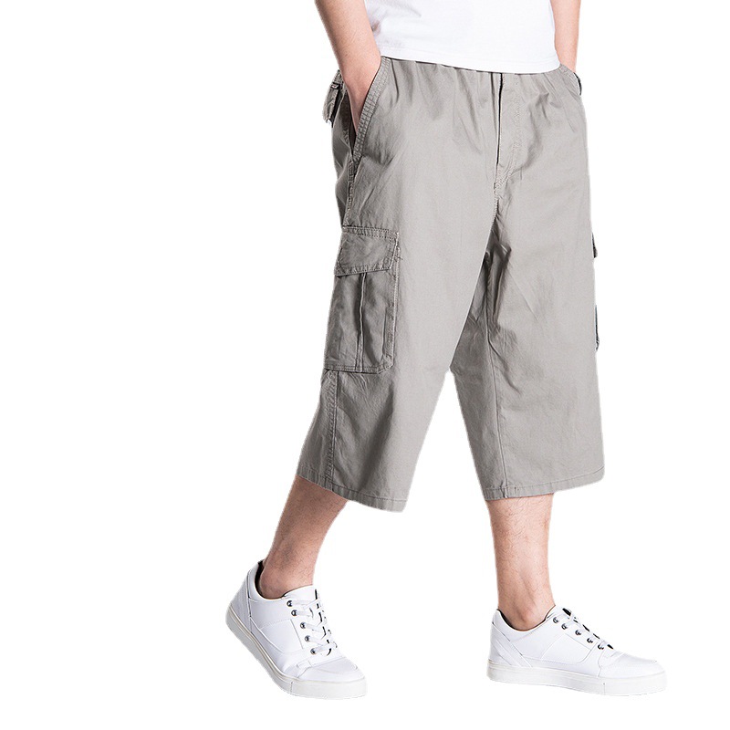 

Summer cropped trousers men's loose thin section tooling casual middle-aged and elderly plus fat plus size dad shorts for outer wear, Black