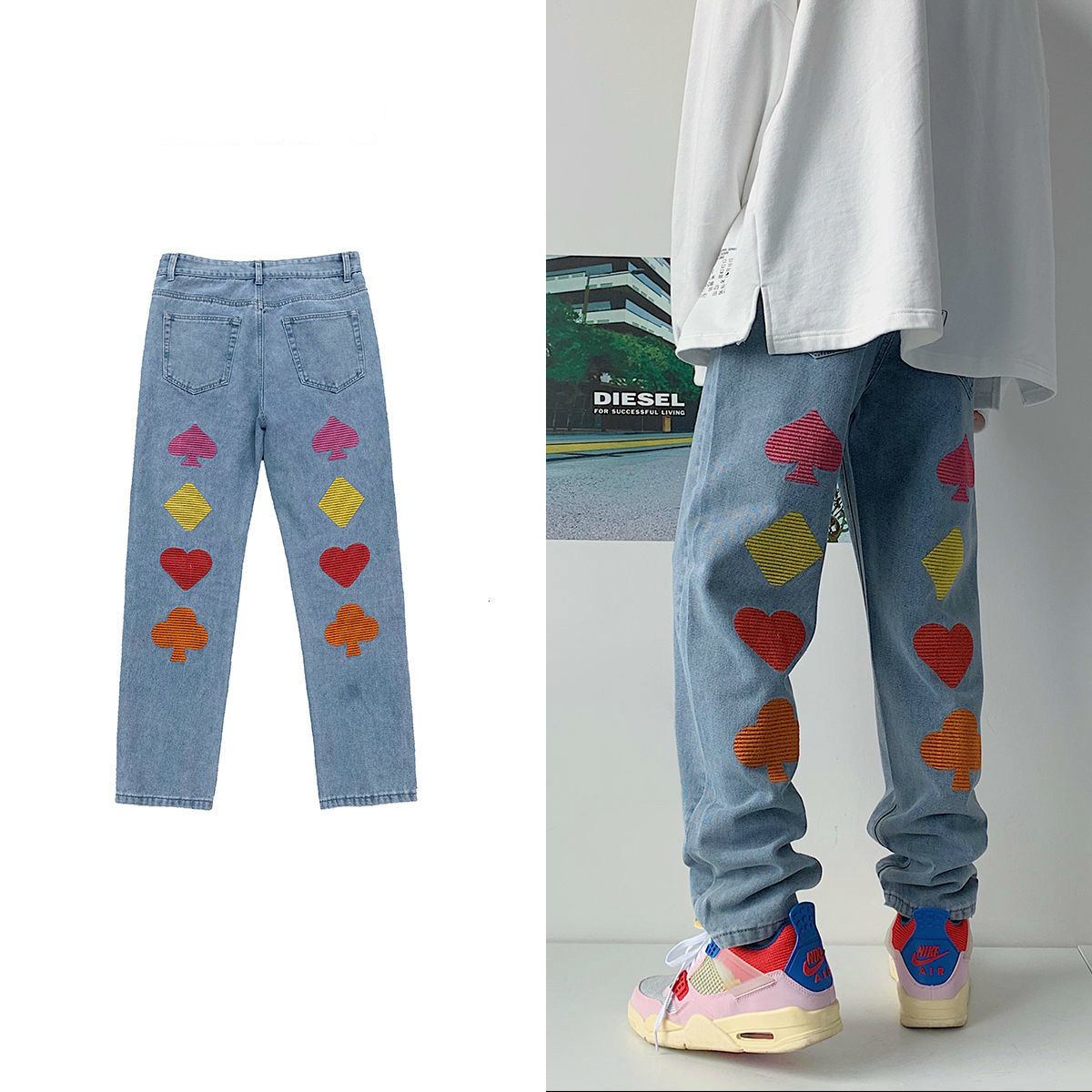 

New 2021 of the Men Embroidered Slacks Loosely Stretched Trimmed Trousers Cargo Thin Biker Jeans Denim Print Pants Cpvu, Picture