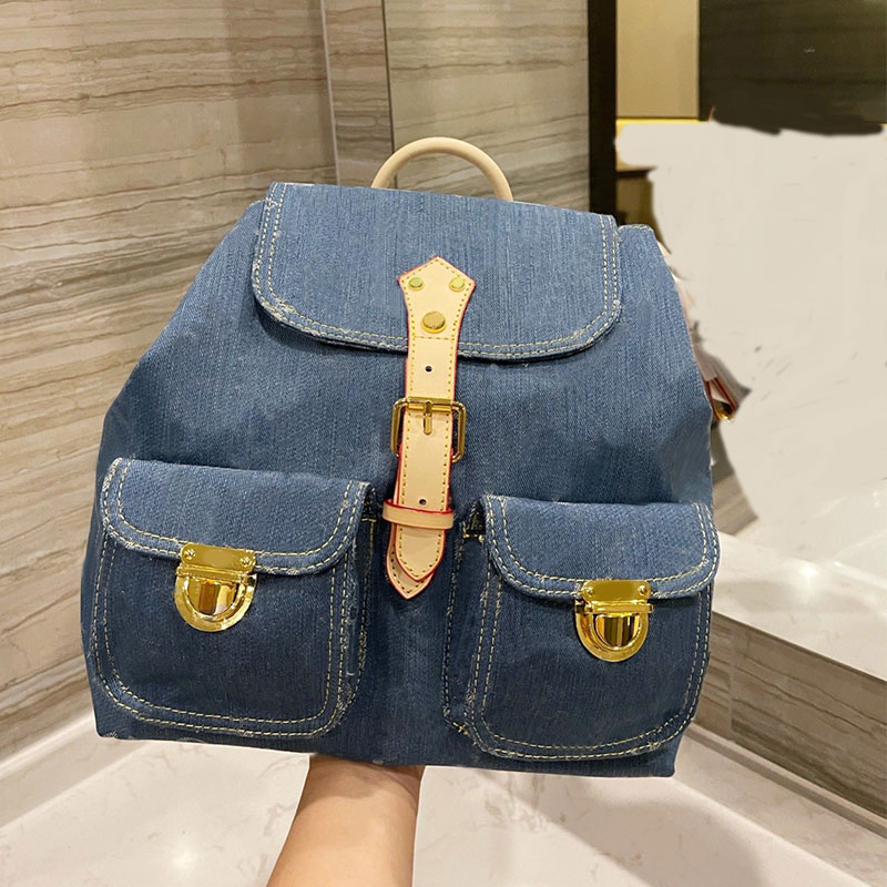 

Denim Backpack Women Shoulder Travelling Bag Handbag Canvas Embroidery Letter Hasp Gold Hardware Buckle Patchwork Color, Blue