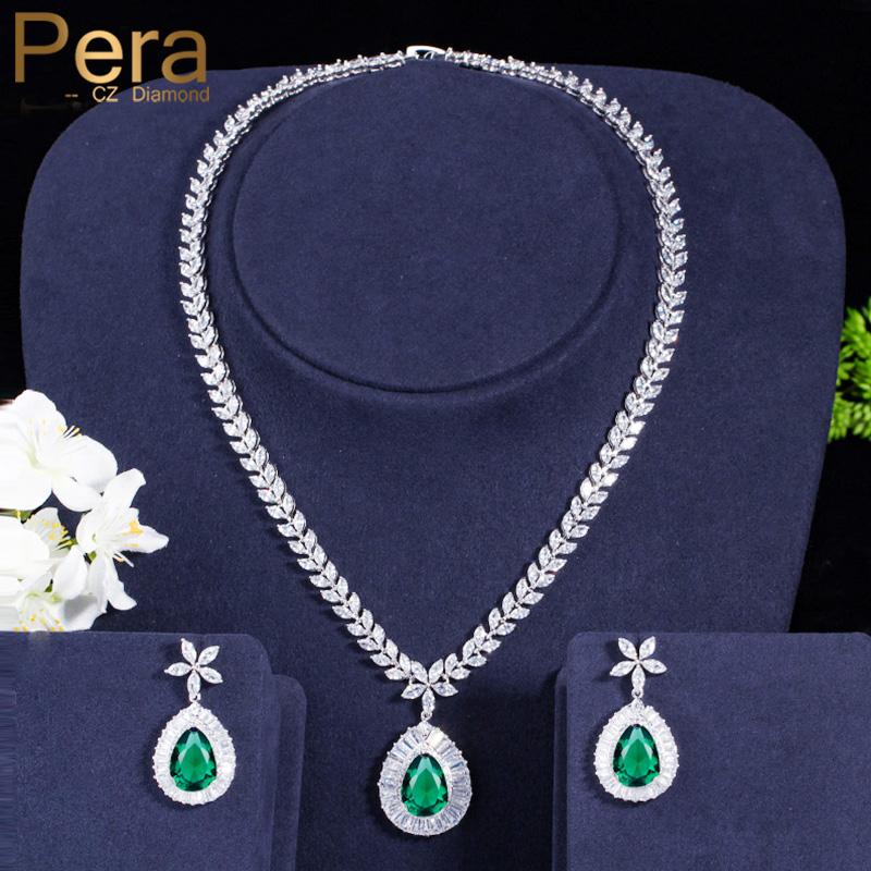 

Earrings & Necklace Pera Luxury Brilliant Green Cubic Zirconia Dangle Drop Earring Costume Jewelry Sets For Bride Wedding Accessories J183, As pic