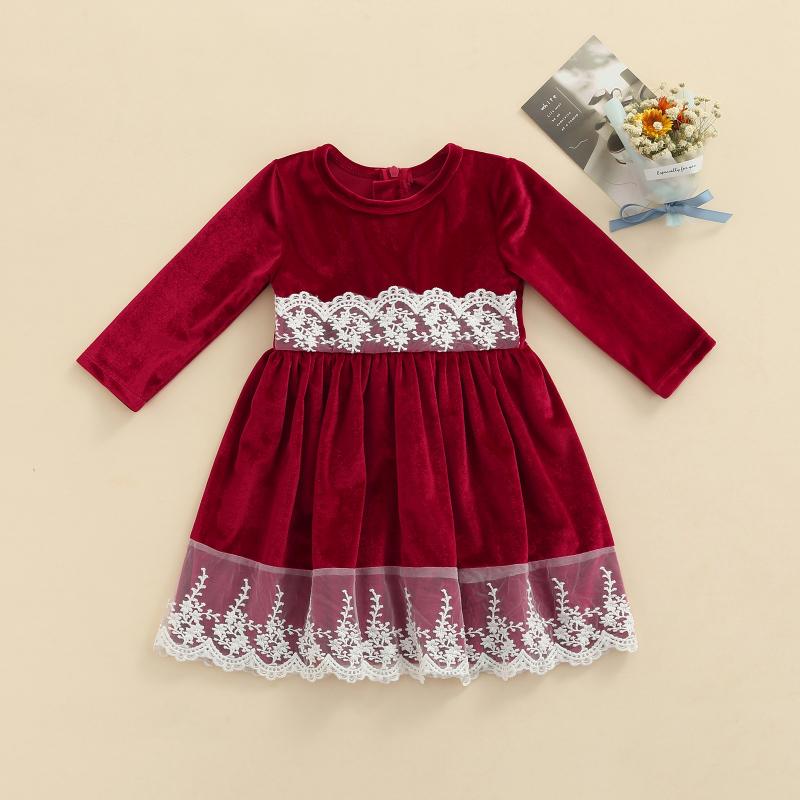 

Girl's Dresses Girls Casual Round Collar Dress Long Sleeve Lace Hem Short Skirt Baby Spring Autumn Coral Velvet Princess, Red;yellow