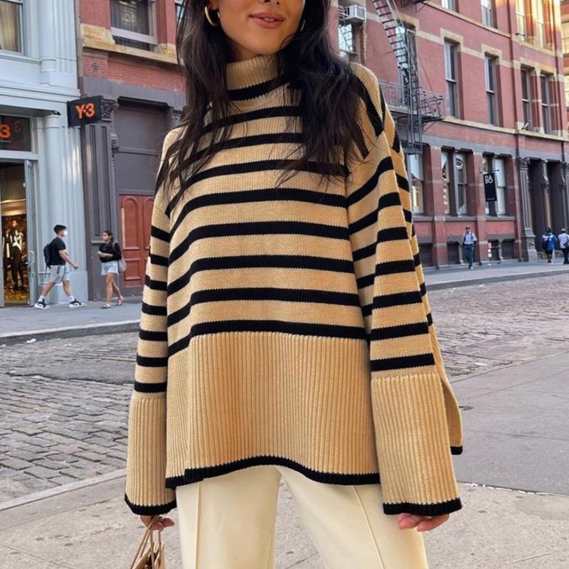 

Women' Sweaters Long Sleeve Autumn Winter Knitted Casual Pullover Women Korean Fashion Jumpers Striped Turtleneck Pull Femme Oversized