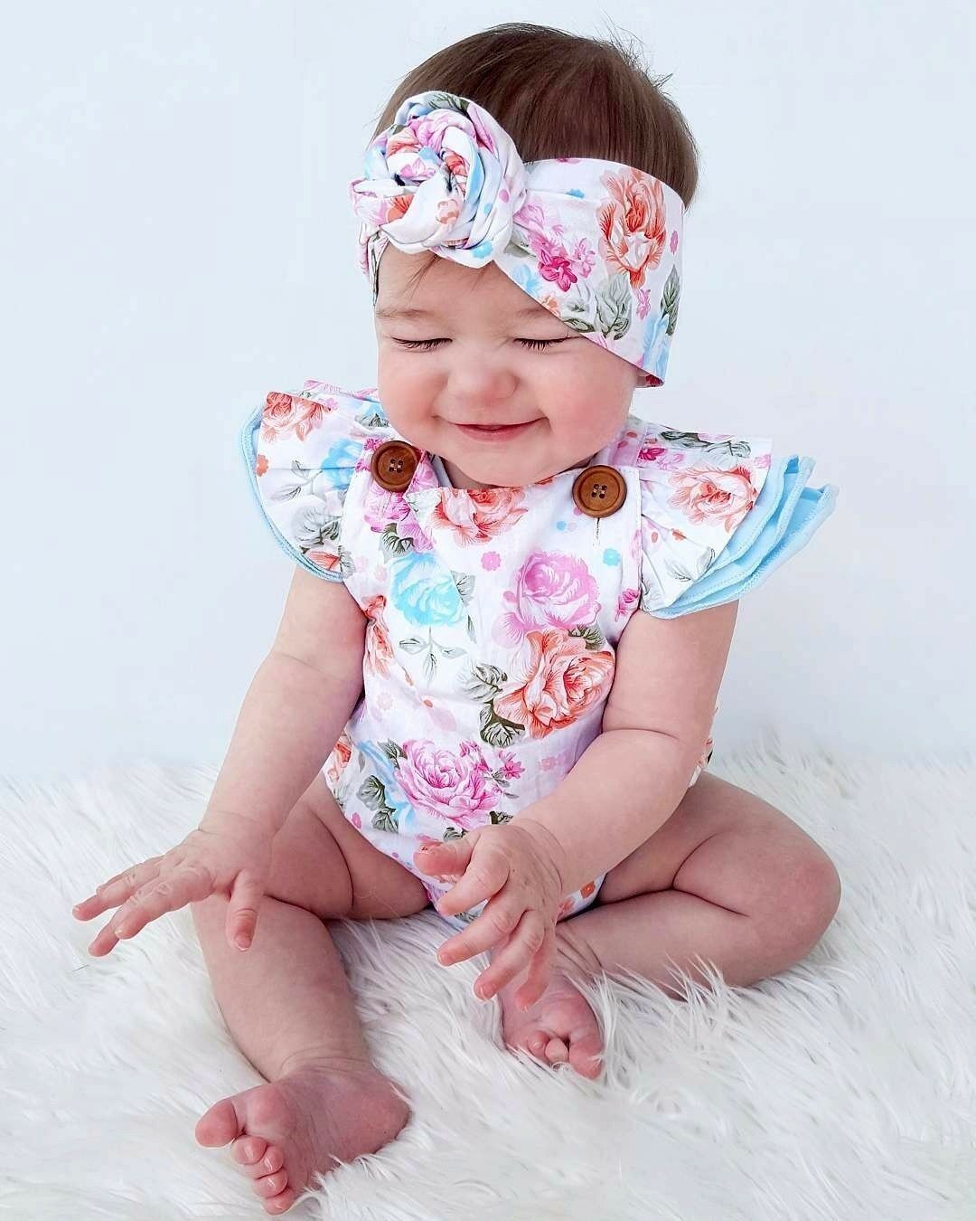 

Baby Girls Floral Bodysuit Girl Jumpsuit Short Sleeveless Clothes Bodysuit+ Headband Sunsuit Baby Kids Outfit Newborn 2Pcs Set, White