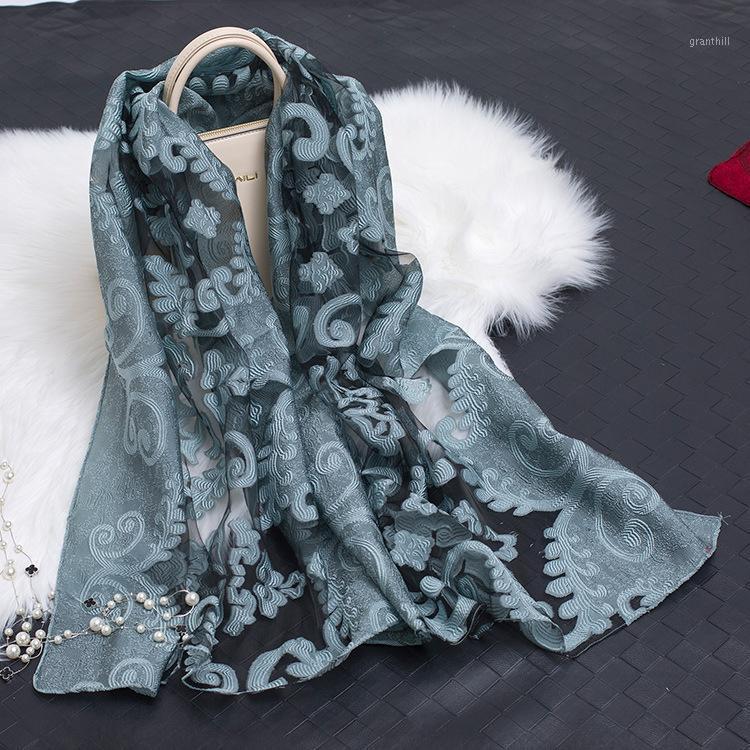 

Scarves Bandana Silk Scarf Women Luxury Hijab Embroidery Long Black Lace Yarn Fashion Shawl Girl Accessories, Blue;gray
