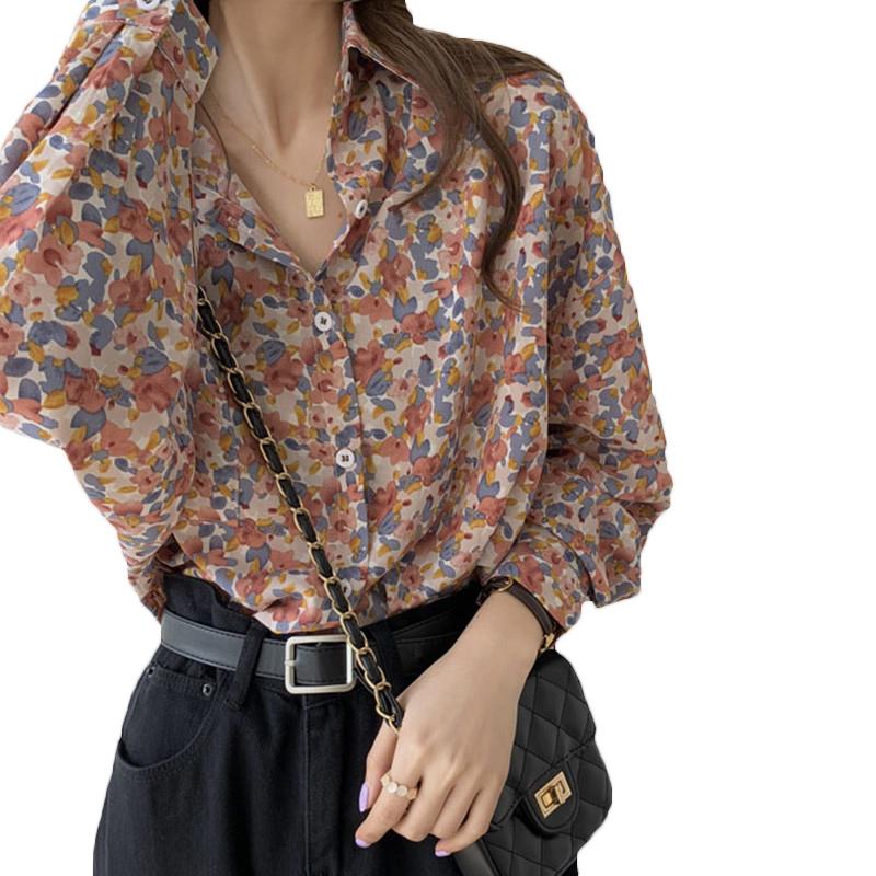 

Women's Blouses & Shirts 2021 Retro Floral Long-sleeved Shirt Spring Summer Blouse Plus Size Slim Loose Lapel Top Female Blusas Mujer 155b, White