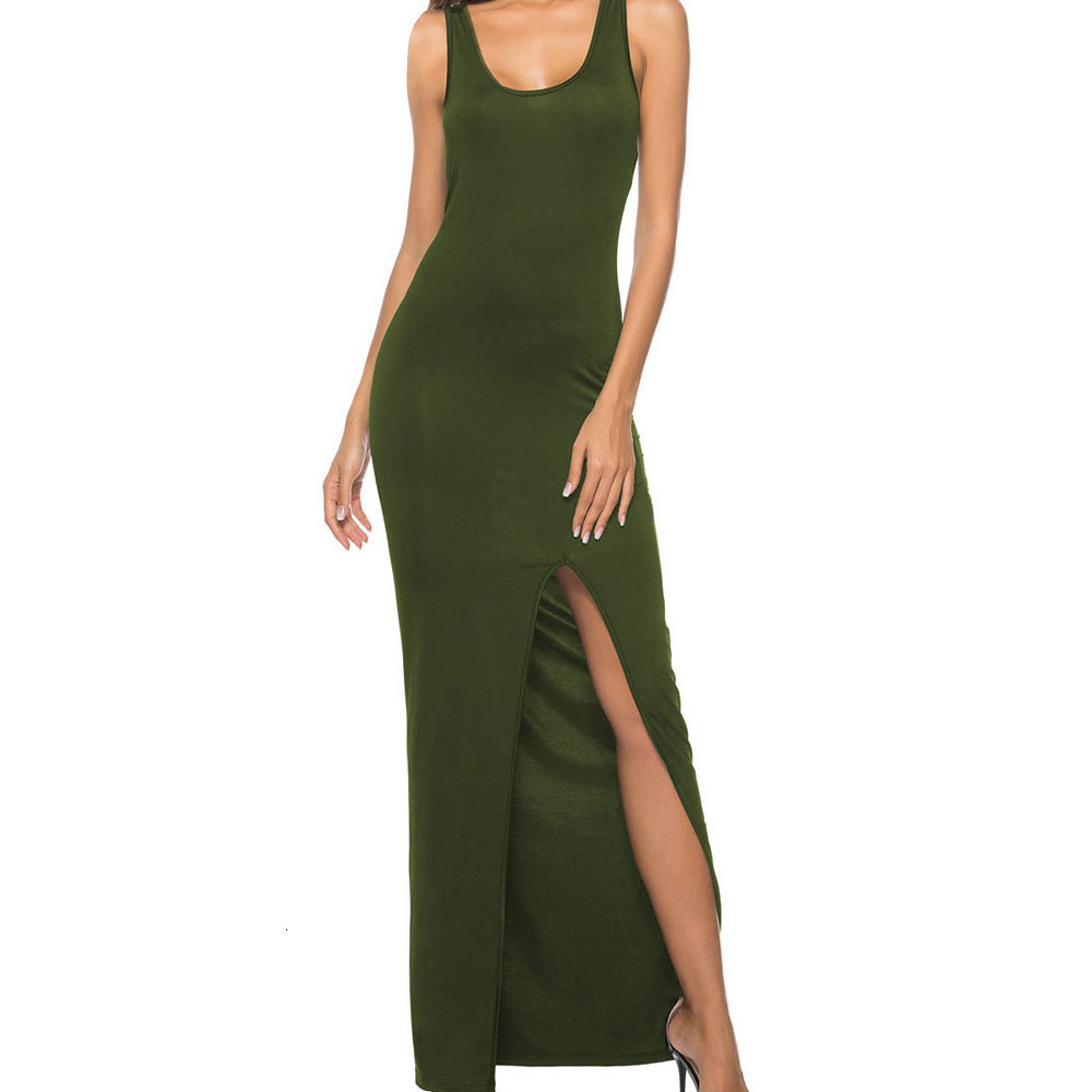 

2021 New Sexy Split Maxi Casual Cotton Sleeveless Slim Pencil Women o Neck Tank Long Evening Party 5wkc, Fuchsia