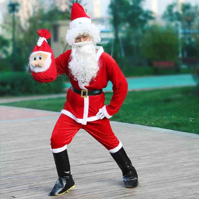 

Christmas Santa Claus Costume with Boots Suits Men Xmas Fancy Props Outfit Clothes Sets Coat Pants Beard Belt Hat Set, 8pcs with boots-b