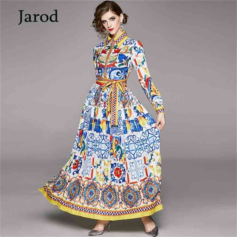 

Fashion Designer Maxi Dress Spring Women's Long Sleeve Boho Colorful Flower Print Casual Pleated Holiday Robe 210526, Picture color