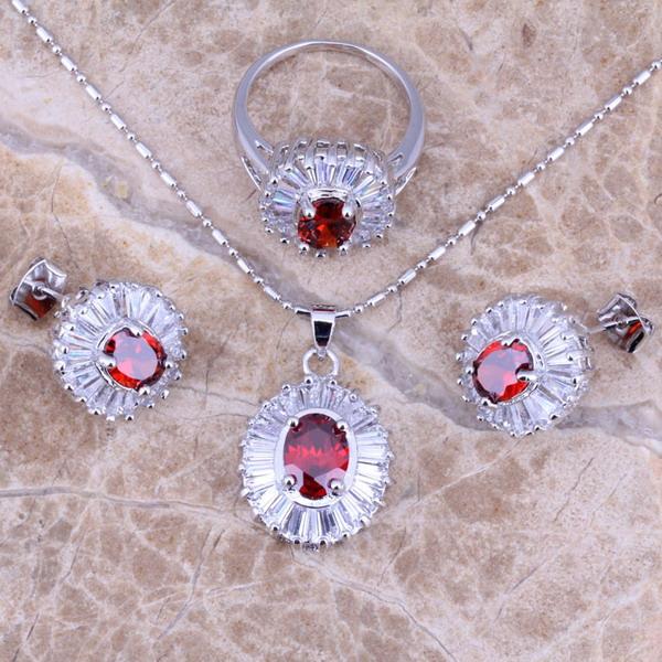 

Earrings & Necklace Awesome Red Garnet White CZ Silver Plated Jewelry Sets Pendant Ring Size 6 / 7 8 9 10 S0119