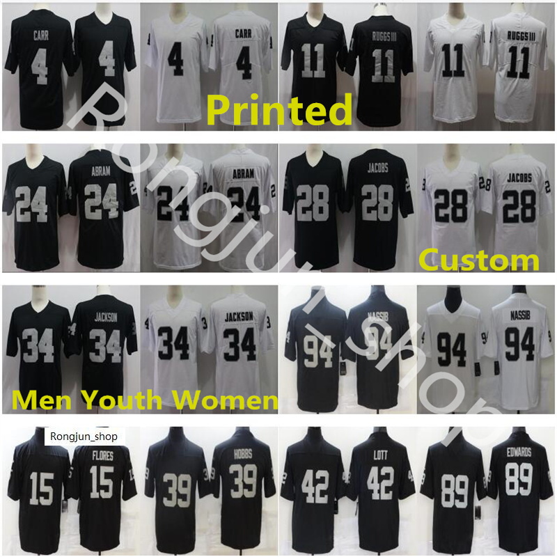 

Top Printed Las Vegas Mens Football Josh Jacobs Henry Ruggs III Bo Jackson Charles Woodson Carl Nassib Derek Carr Raider jerseys Size S-5XL, Black