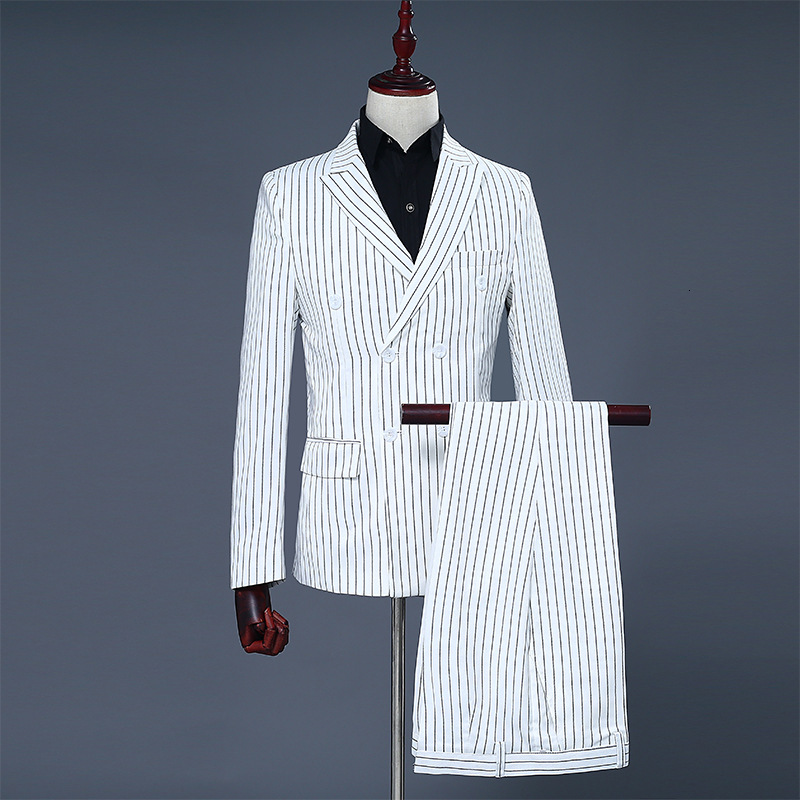 

Men Tailcoat Tuxedo Evening Party Costumes Singer Male Two Piece Set Striped Dress Suit Wedding Suits 55nh, White