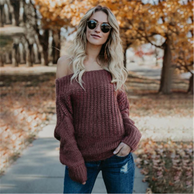 

Women's Sweaters Autumn Winter Elegant Knit Slash Neck Solid Sweater Women Jumper Pullover Long Sleeve Female Knitwear, Black