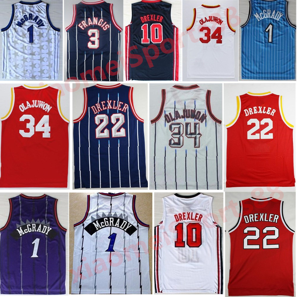 

High Quality 22 Clyde Drexler Jersey Black Red 34 Hakeem Olajuwon White Blue Stripe 3 Steve Francis Basketball Jerseys Retro Throw back, As shown in illustration