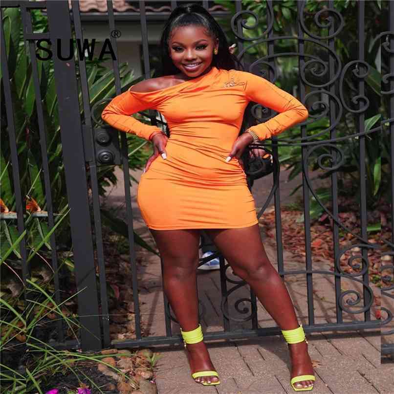 

All Orange Slash Collar Long Sleeve Bodycon Women Dresses For Party And Wedding Prom Elegant Robe Free Wholesale 210525