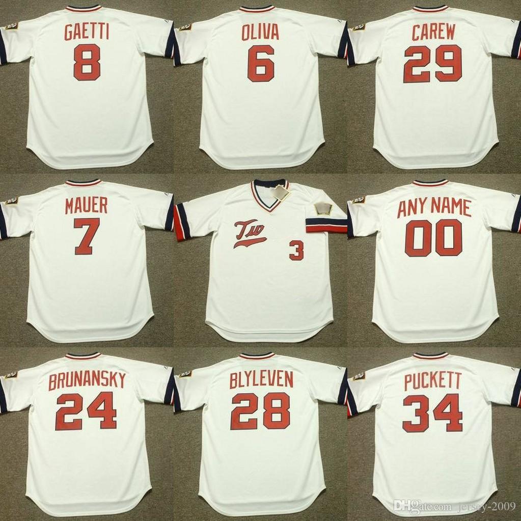 

men 24 TOM BRUNANSKY 34 KIRBY PUCKETT 28 BERT BLYLEVEN 29 ROD CAREW baseball Jersey 1977, Blue;black