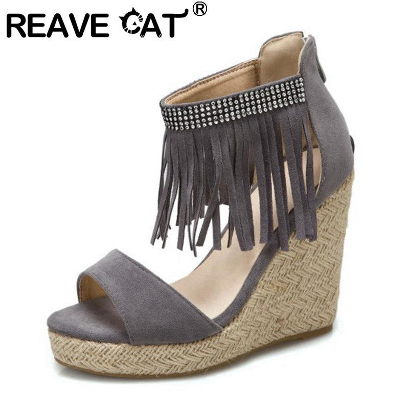 

REAVE CAT New 2021 Women Sandals Open Toe 11cm Wedge Heels Nubuck Bling Tassels Stylish Exotic Big Size 34-46 Casual A3904, Black