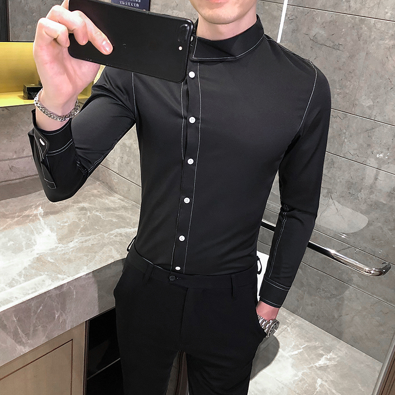 

2021 Korean Male Shirt White Collar Fashionable Autumn New Long Sleeve Men's Asymmetry Unique Casual Breasted Shirts 5ura, Black