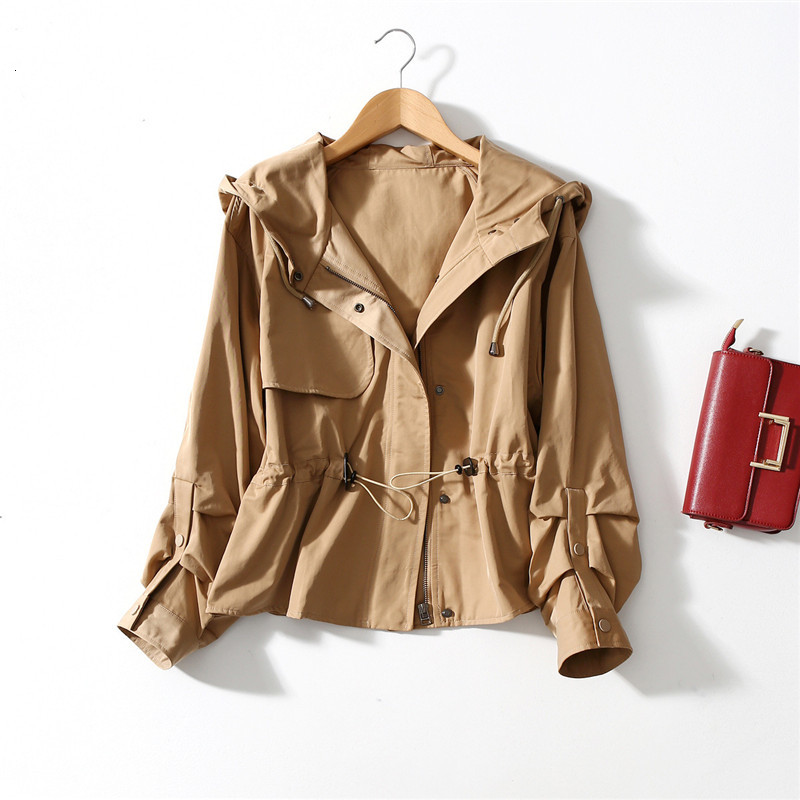 

2021 New Small Loose Show Thin Short Draw Rope Casual Women Quite Included a Type of Age-reducing Hooded Waist Windcoat Jacket 6536, Khaki
