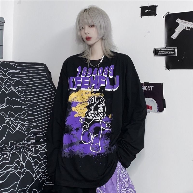 

2021 New Black Gothic Long Sleeve Korean Harajuku Funny t Shirts Fashion Tees Streetwear Japan High Street Cotton Shirt Men Male 8z1u