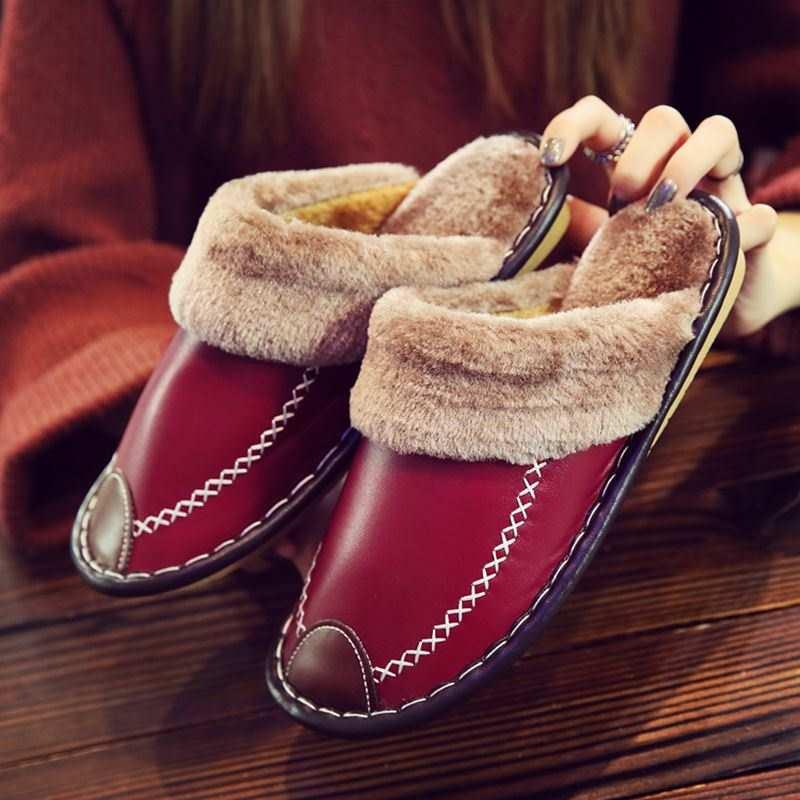 

Winter Vrouwen Slippers Lederen Huis Indoor Antislip Thermische Schoenen Mannen Warm Harige Plus Size, Black