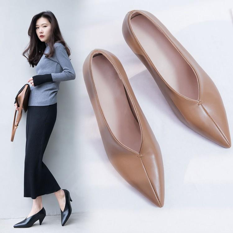 

cowhide heel pointed single shoes high heel shoes Leather women's top layer, Black