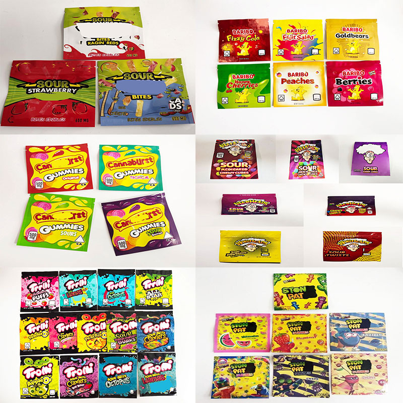 

Newest 600mg candy Caribo gush er gummy bags budheads sour edibles packaging canna burst 420 mylar bag warheads airheads trrlli trolli baribo starbust oneup