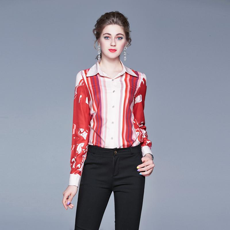

Women's Blouses & Shirts White Red Runway Designer Plus Size 2021 Spring Summer Women Stripe Shirt Long Sleeve Vintage Print Fashion Tops