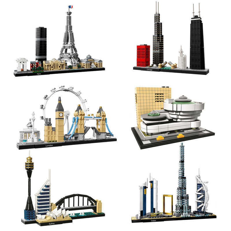 

Architecture Paris Dubai London Sydney Chicago Shanghai Building Blocks Kit Bricks Classic City Model Kid Toys For Children Gift Y0916