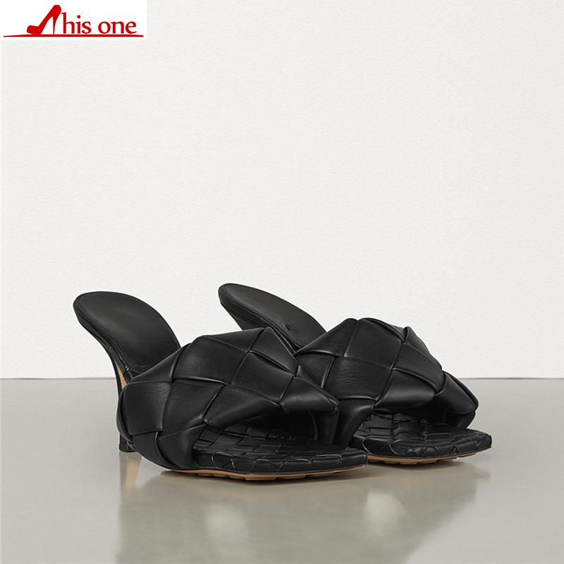 

Slippers 2021 Leather Mules Shoes Women Sexy Cross-criss Square Toe High Heel Summer Celebrity, Black