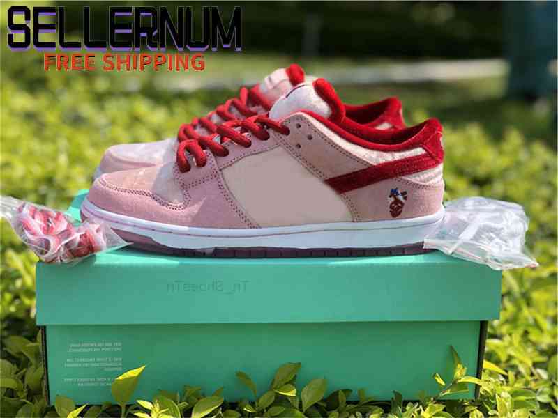 

Best Authentic StrangeLove SB Dunk Valentine's Day Low Athletic Shoes Men Women Bright Melon Gym Red Med Soft Pink Sports Sneakers, White;red