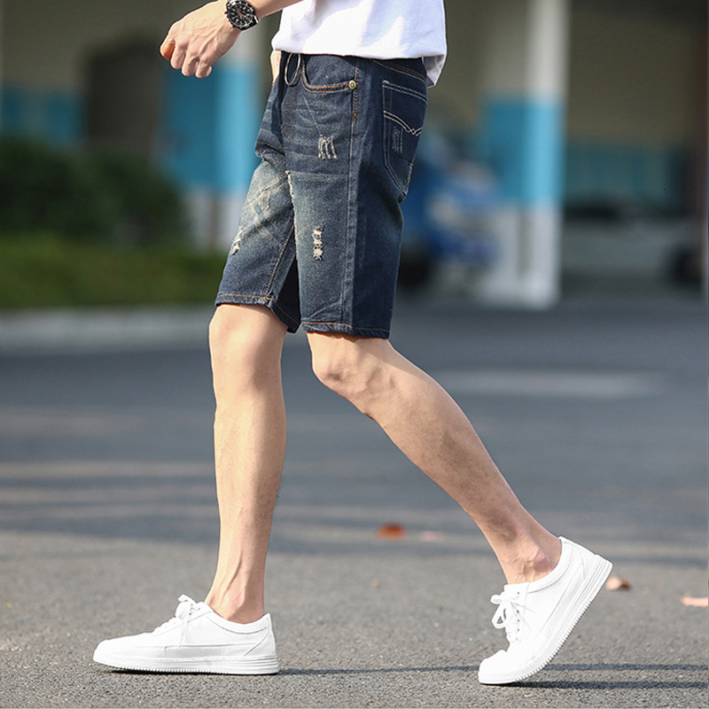 

2021 New Summer Men Korean Version Ripped Denim Short Casual Men's Fashion Loose Straight Slim Fitness Men' Jeans E75j, Black